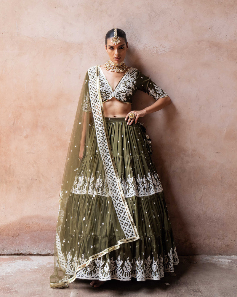 Olive forest Lehenga with Embroidered Dupatta