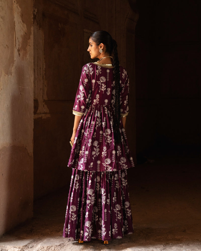 Wine Double Layer sunflower All Over Embroidered Angrakha