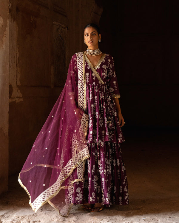 Wine Double Layer sunflower All Over Embroidered Angrakha