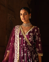 Wine Double Layer sunflower All Over Embroidered Angrakha