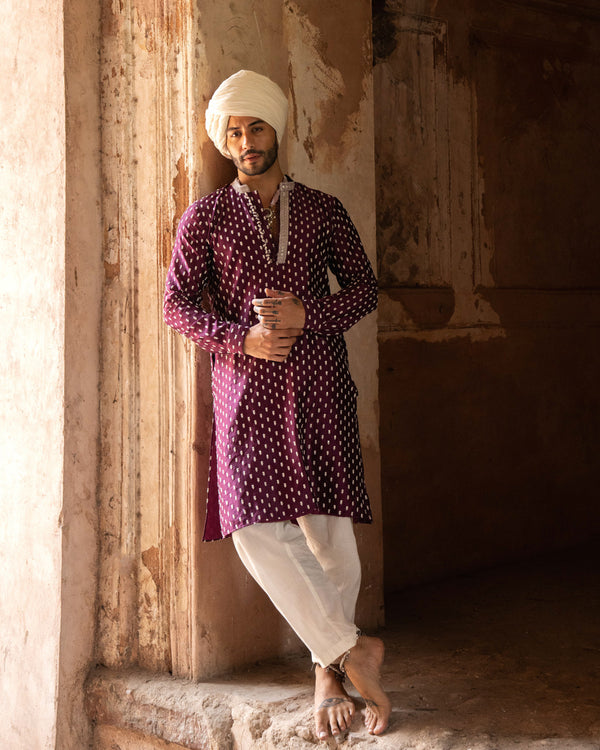 Wine Dots Full Embroidered Kurta with Pants