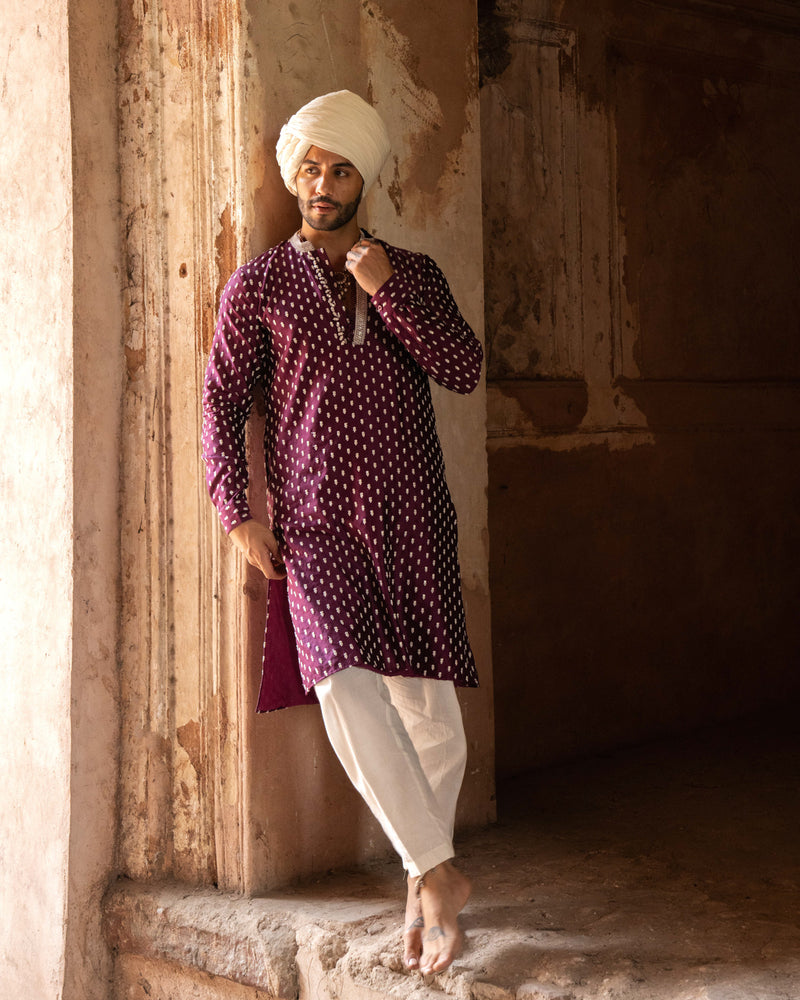 Wine Dots Full Embroidered Kurta with Pants