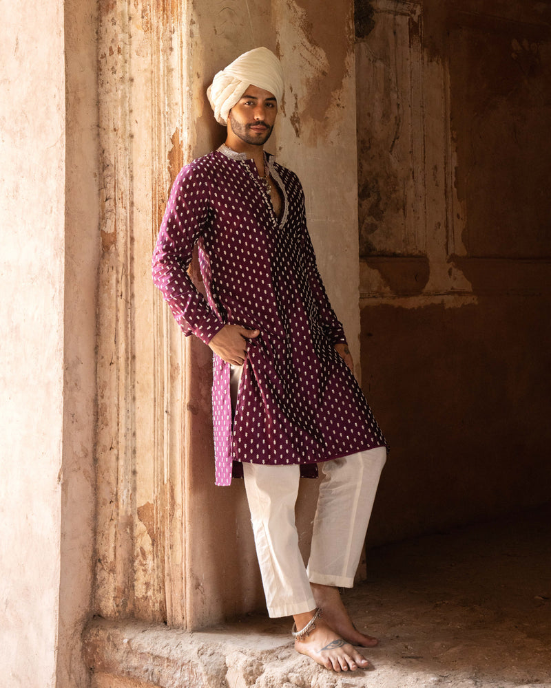 Wine Dots Full Embroidered Kurta with Pants