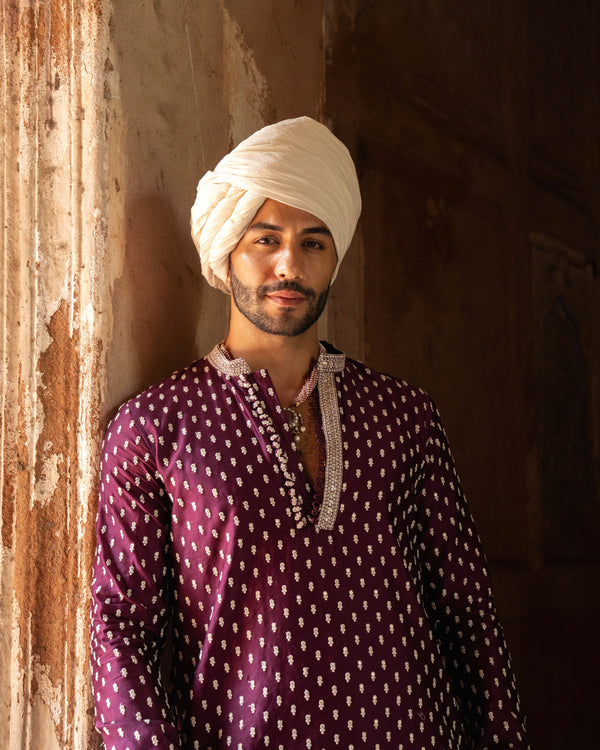 Wine Dots Full Embroidered Kurta with Pants