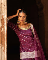 Wine big border straight sharara with embroidered dupatta