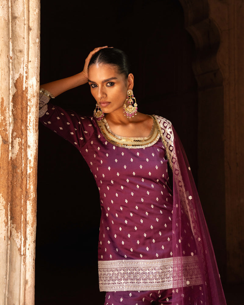 Wine big border straight sharara with embroidered dupatta