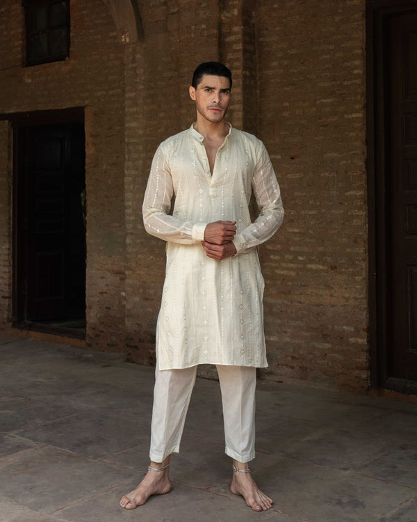 Off White Line Full Embroidered Kurta with Pants
