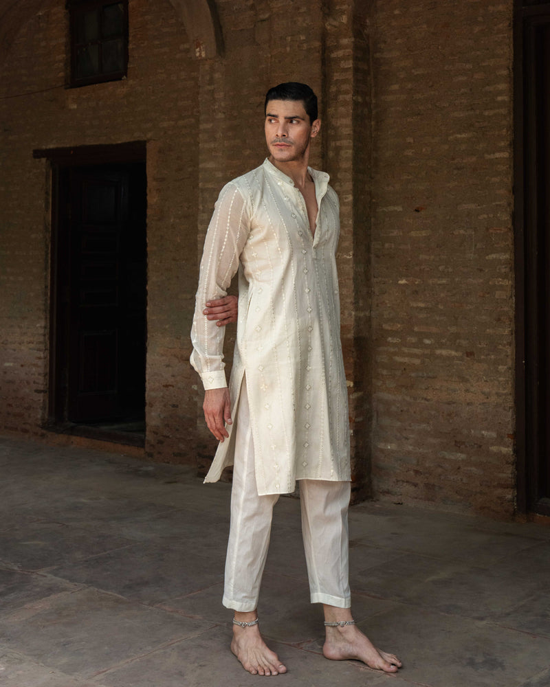 Off White Line Full Embroidered Kurta with Pants