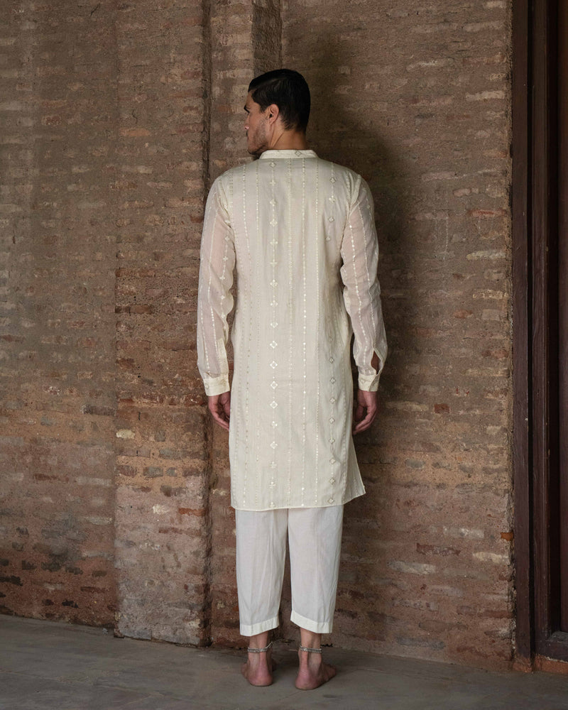 Off White Line Full Embroidered Kurta with Pants