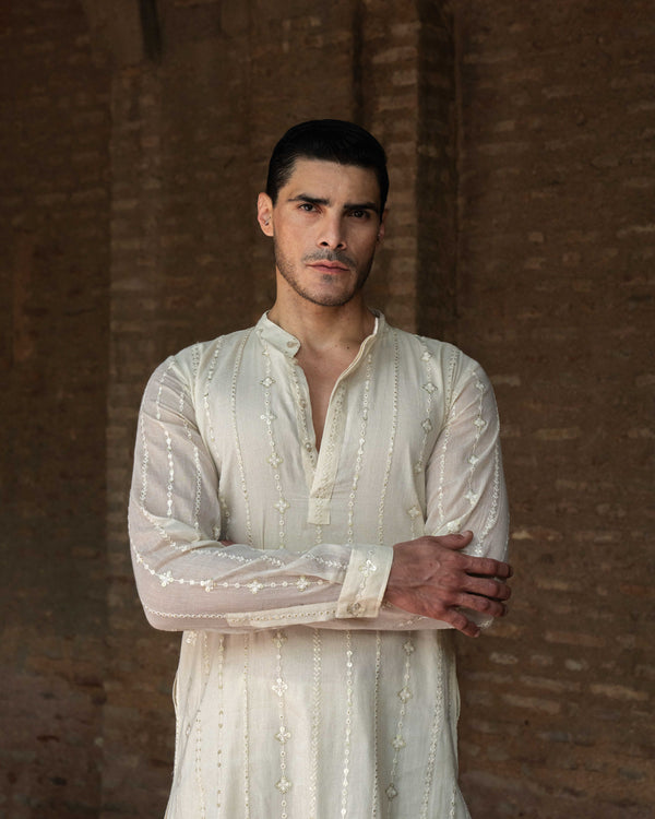 Off White Line Full Embroidered Kurta with Pants
