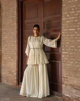 OFF WHITE CARPET FRONT OPEN PEPLUM SHARARA WITH EMBROIDERED DUPATTA
