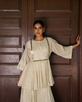 OFF WHITE CARPET FRONT OPEN PEPLUM SHARARA WITH EMBROIDERED DUPATTA
