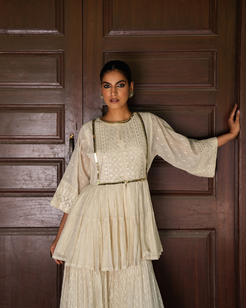 OFF WHITE CARPET FRONT OPEN PEPLUM SHARARA WITH EMBROIDERED DUPATTA