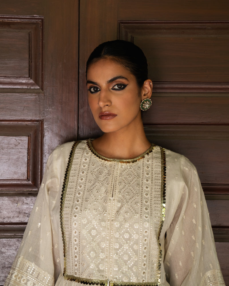 OFF WHITE CARPET FRONT OPEN PEPLUM SHARARA WITH EMBROIDERED DUPATTA