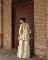 OFF WHITE CARPET FRONT OPEN PEPLUM SHARARA WITH EMBROIDERED DUPATTA