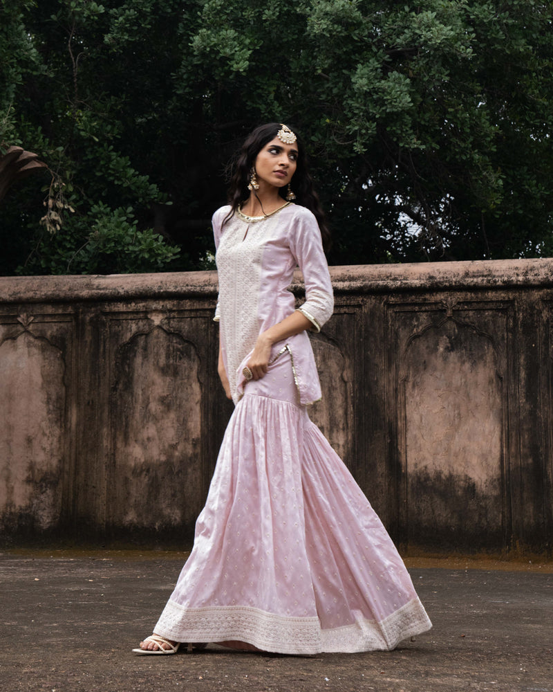 Onion Pink big border straight sharara with embroidered dupatta