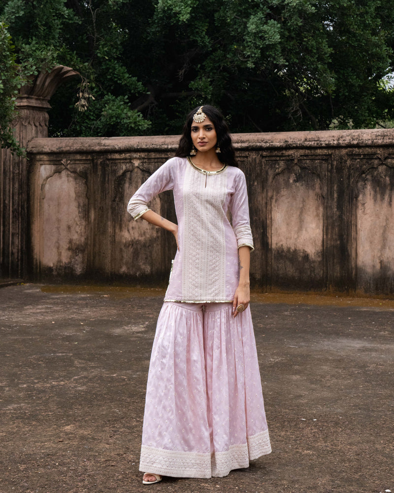 Onion Pink big border straight sharara with embroidered dupatta