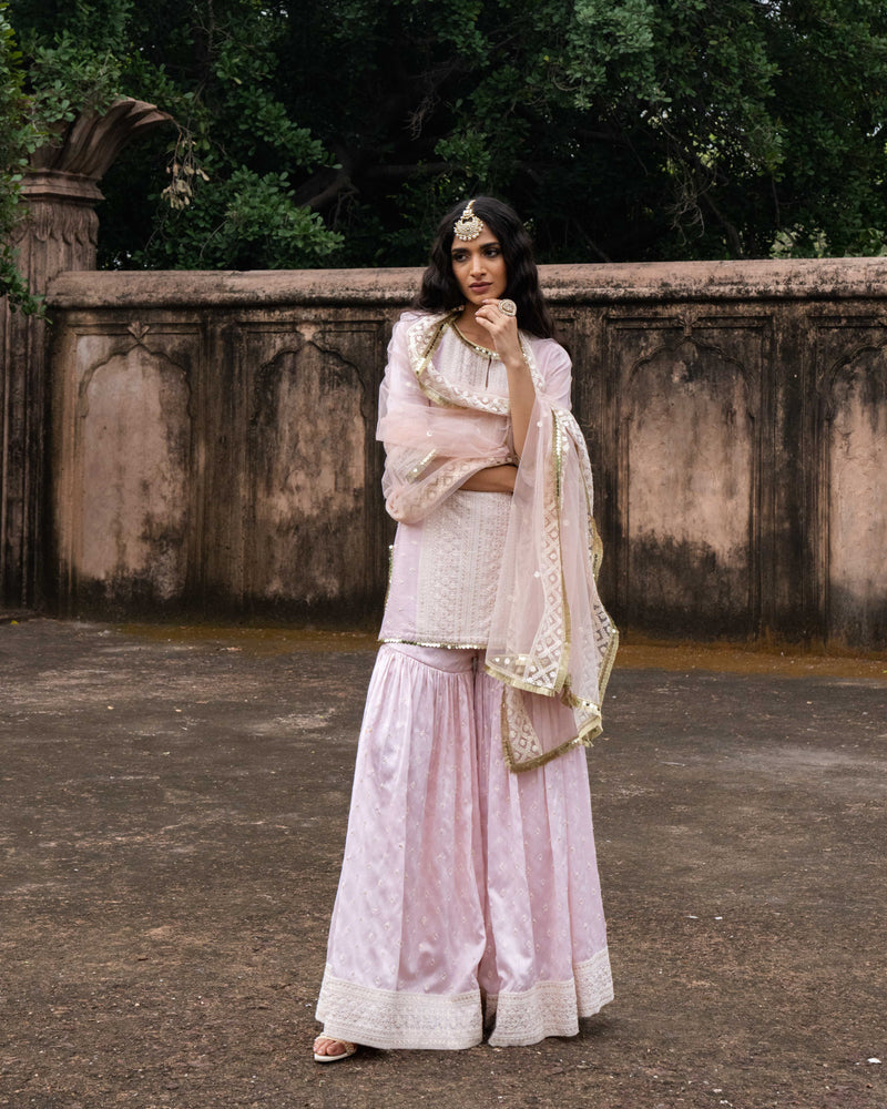 Onion Pink big border straight sharara with embroidered dupatta