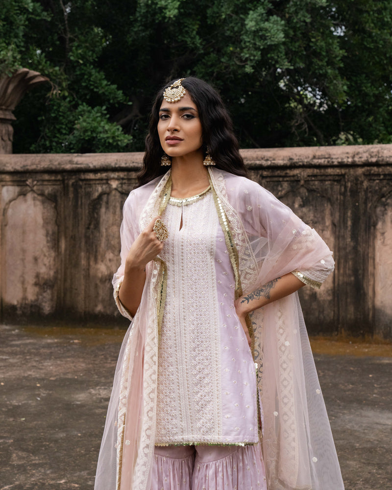 Onion Pink big border straight sharara with embroidered dupatta
