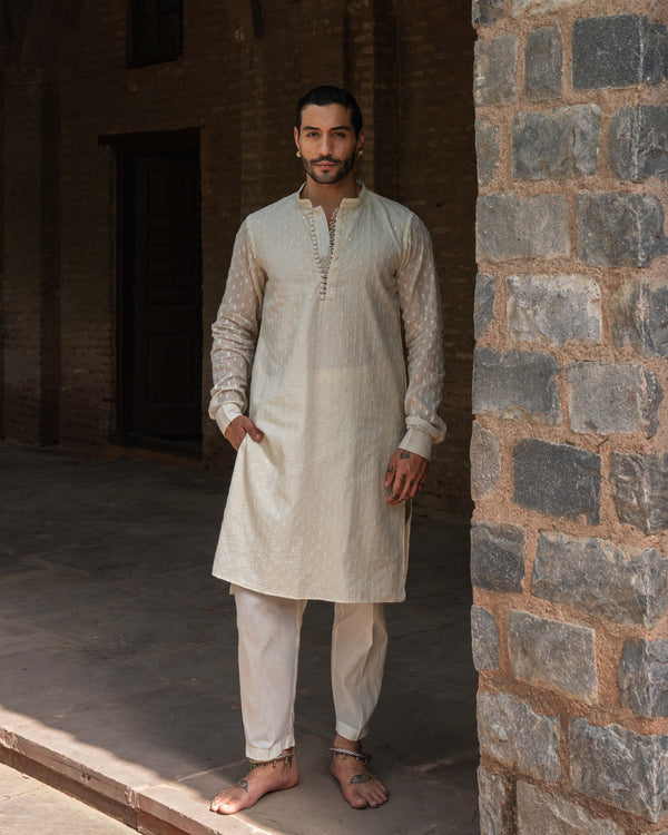 Off White Dots Full Embroidered Kurta with Pants