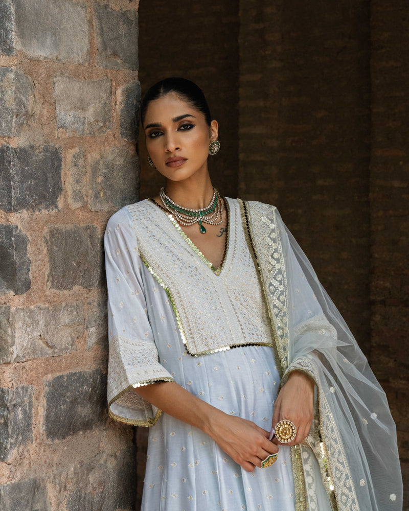 Big Border Ice Blue anarkali with embroidered pants