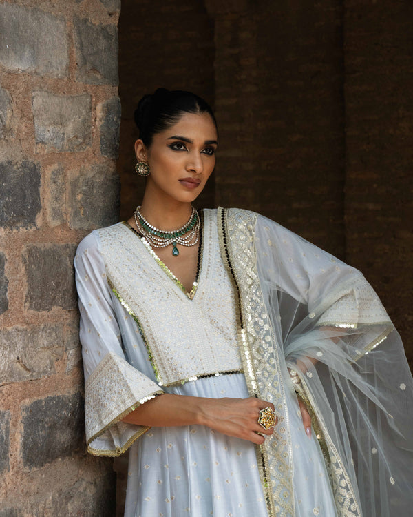 Big Border Ice Blue anarkali with embroidered pants