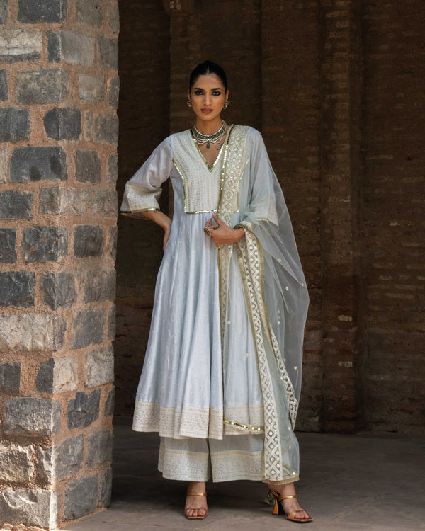 Big Border Ice Blue anarkali with embroidered pants