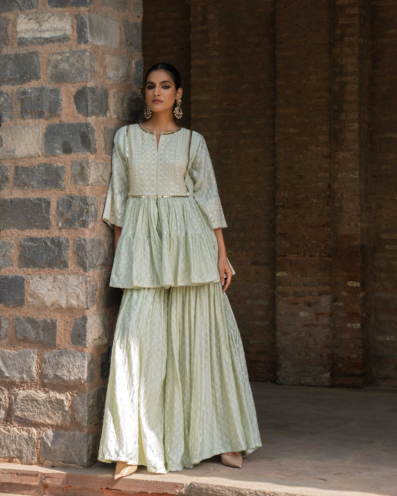Mint CARPET FRONT OPEN PEPLUM SHARARA WITH EMBROIDERED DUPATTA