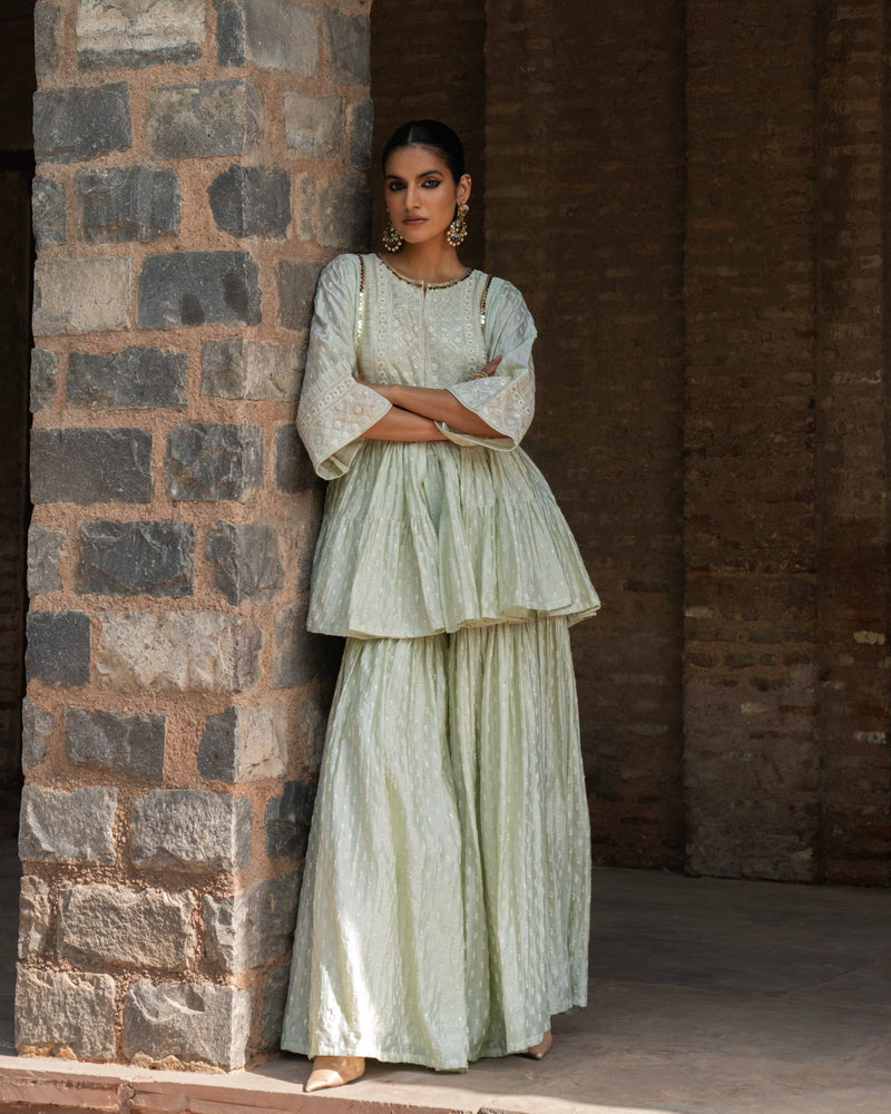 Mint CARPET FRONT OPEN PEPLUM SHARARA WITH EMBROIDERED DUPATTA