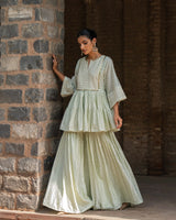 Mint CARPET FRONT OPEN PEPLUM SHARARA WITH EMBROIDERED DUPATTA