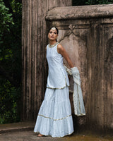 ice blue dot's straight sharara with emroidered dupatta