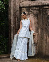 ice blue dot's straight sharara with emroidered dupatta