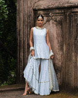 ice blue dot's straight sharara with emroidered dupatta
