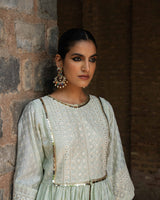 Mint CARPET FRONT OPEN PEPLUM SHARARA WITH EMBROIDERED DUPATTA