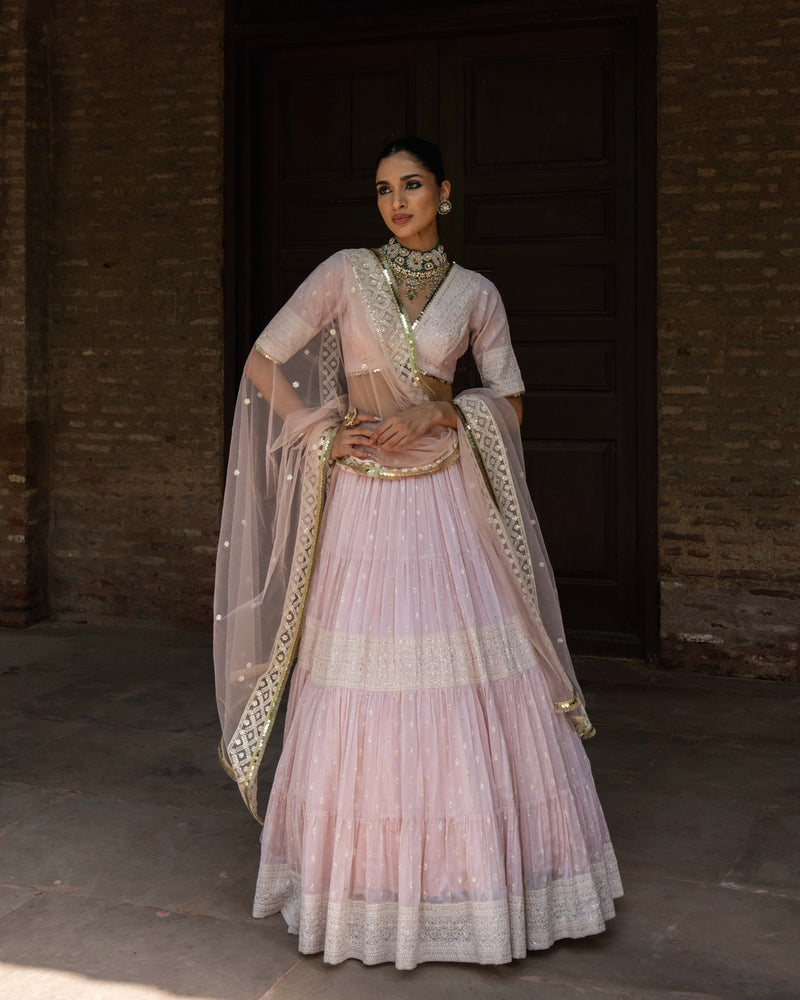 Onion Pink big border Lehenga with Embroidered Dupatta