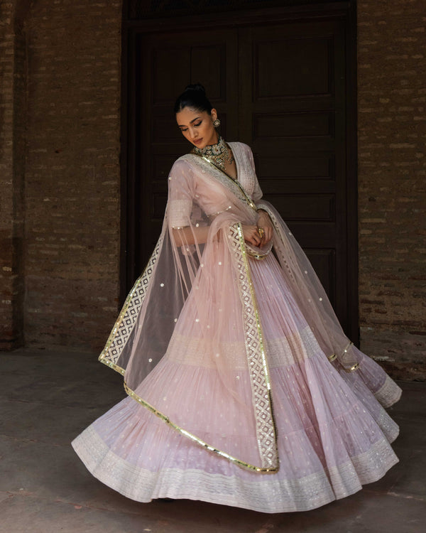 Onion Pink big border Lehenga with Embroidered Dupatta