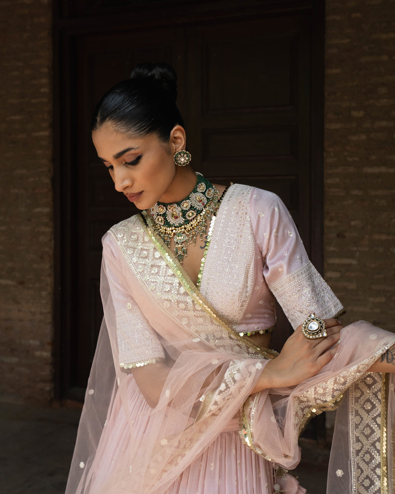 Onion Pink big border Lehenga with Embroidered Dupatta