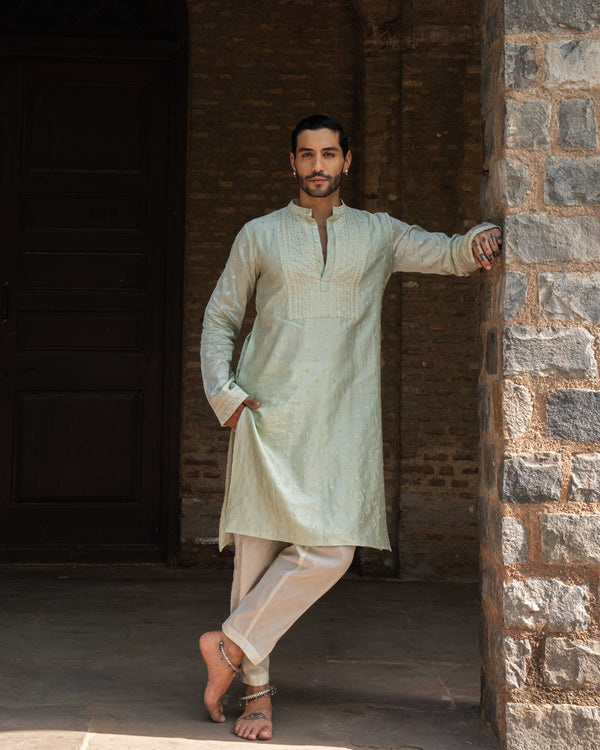 Mint Big Border Full Embroidered Kurta with Pants