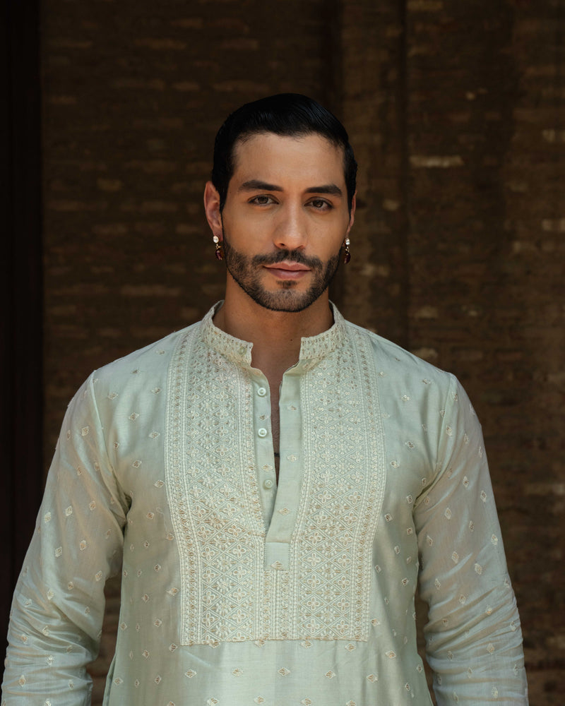 Mint Big Border Full Embroidered Kurta with Pants