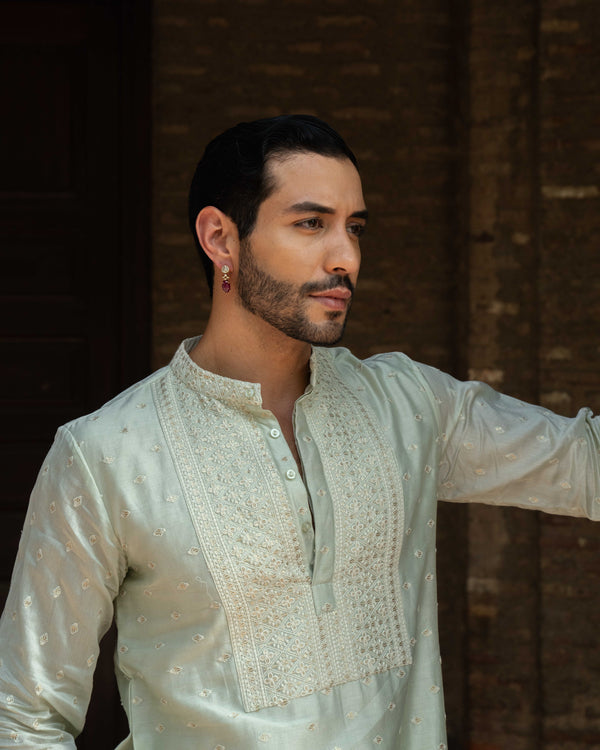 Mint Big Border Full Embroidered Kurta with Pants