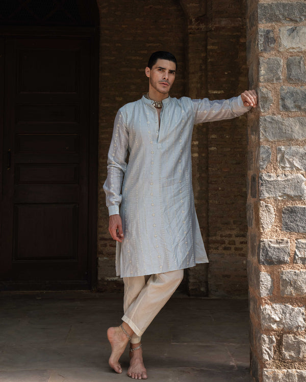 Ice Blue Line Full Embroidered Kurta with Pants
