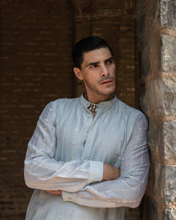Ice Blue Line Full Embroidered Kurta with Pants