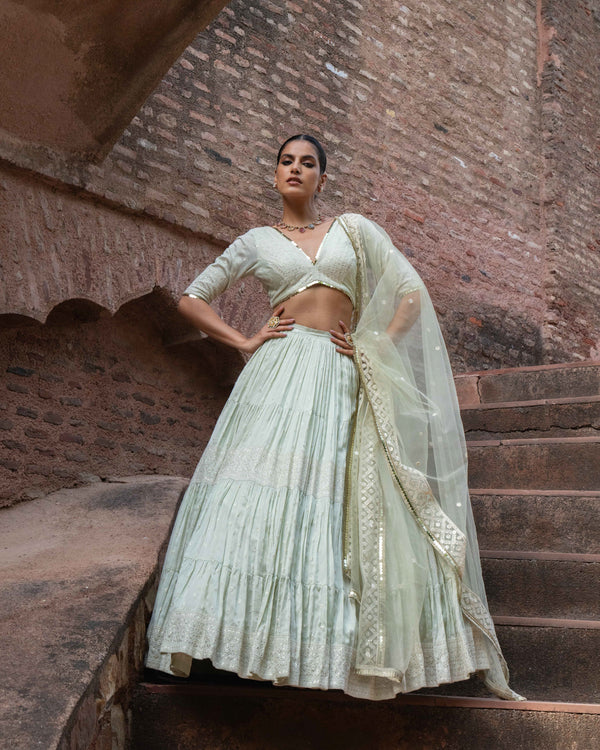 Mint big border Lehenga with Embroidered Dupatta