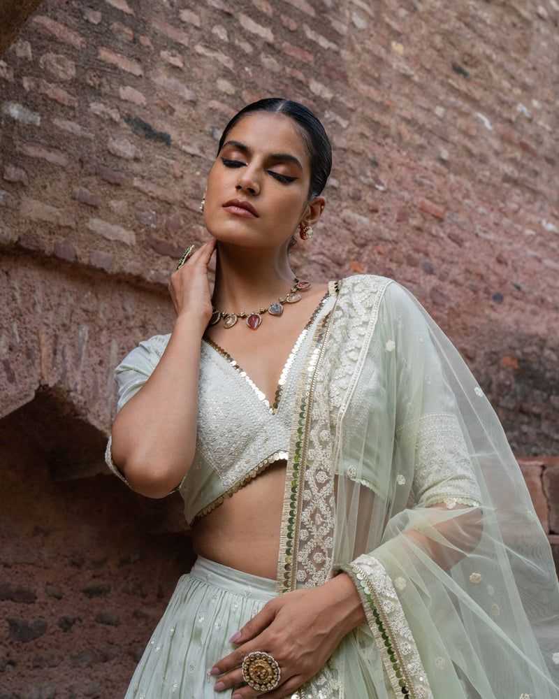 Mint big border Lehenga with Embroidered Dupatta