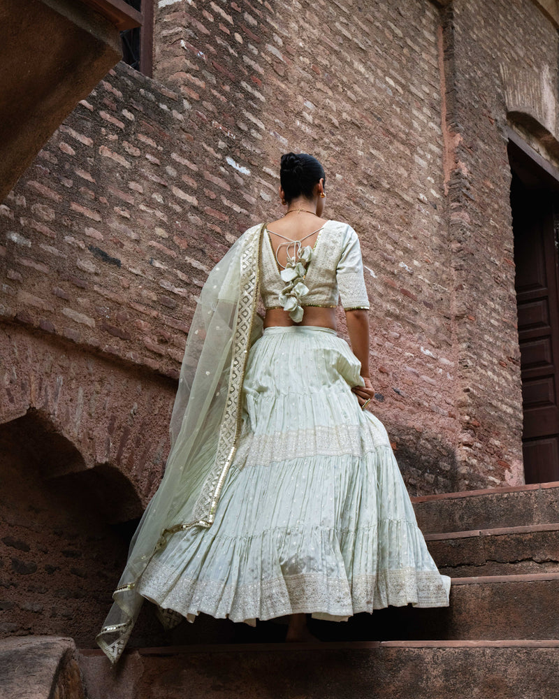 Mint big border Lehenga with Embroidered Dupatta