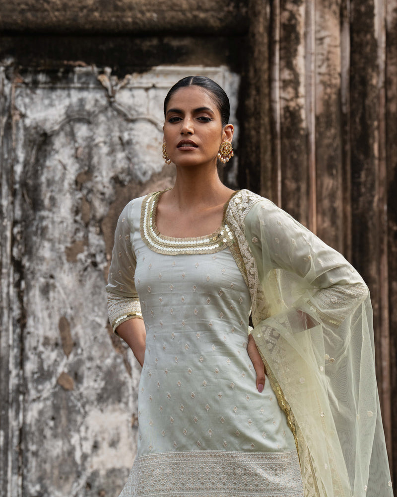 Mint big border straight sharara with embroidered dupatta