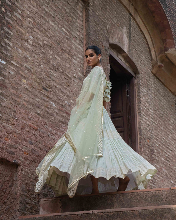Mint big border Lehenga with Embroidered Dupatta