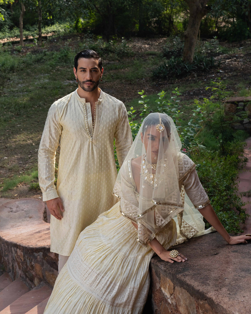 Lemon big border Lehenga with Embroidered Dupatta