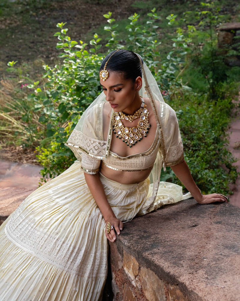Lemon big border Lehenga with Embroidered Dupatta