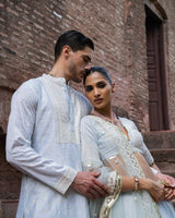 Ice blue big border Lehenga with Embroidered Dupatta